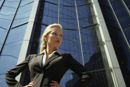 Confident Businesswoman Standing in Front of Corporate Buildingの素材