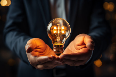 Businessman Holding a Bright Light Bulb Idea Conceptの素材