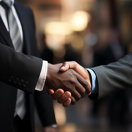Professional interracial handshake in corporate environmentの素材