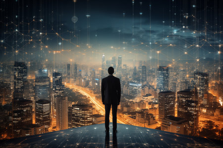 Businessman Overlooking Night Cityscape with Digital Networkの素材