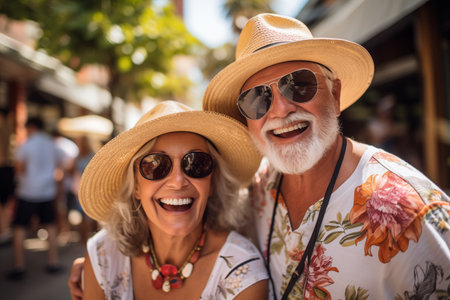 Happy elderly couple with hats smiling on Their Vacation Togetherの素材