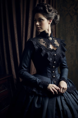 Elegant Victorian Lady in Classic Black Dress Poseの素材