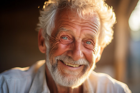 Close-up of cheerful senior man with bright blue eyesの素材