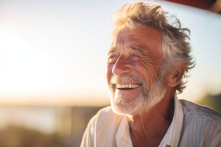 Senior Man Smiling in Warm Sunset Lightの素材