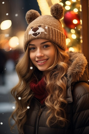Happy young woman with winter clothesの素材