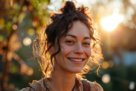 Young Woman Smiling Outdoors with Warm Sunset Lightの素材