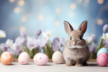 Cute Bunny with Easter Eggs and Spring Flowers. Generative AIの素材