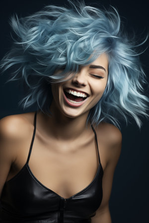 Young woman with vibrant blue hair enjoying a fun momentの素材