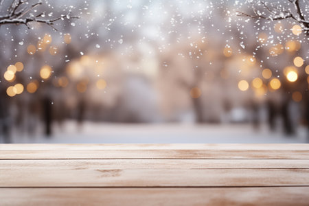 Empty Wooden Table with Snowy Winter Backdrop and Bokeh Lights on the backgroundの素材