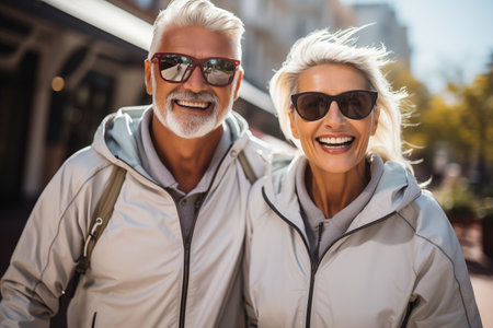 Happy mature couple with sunglasses smiling on a Sunny Day Outdoorsの素材