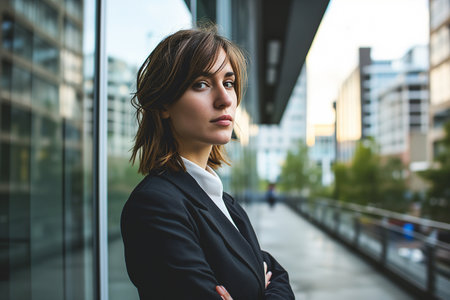 Confident Businesswoman Standing in Front of Office Buildingの素材