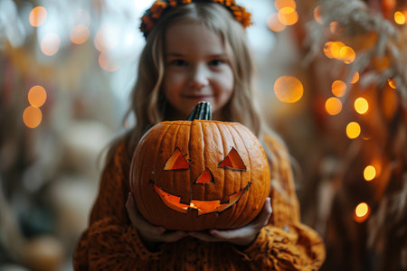 Smiling Girl Holding Jack-O'-Lantern in Autumn Settingの素材