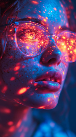 Womans face illuminated by vibrant, multicolored lights, casting a speckled pattern across her skin and reflecting in her eyeglassesの素材