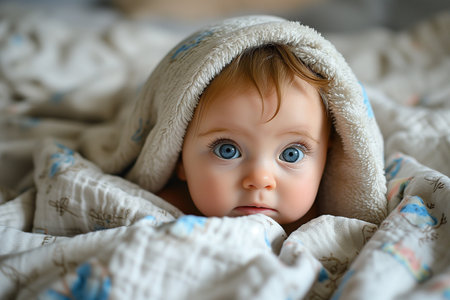 Cute Child with Blue Eyes Covered by Warm Blanketの素材