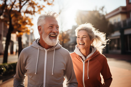 Active Senior Couple running together on a sunny dayの素材