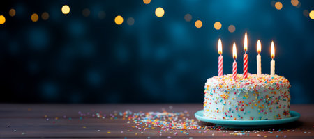 Festive birthday cake with burning candles and sprinkles on background with copy spaceの素材