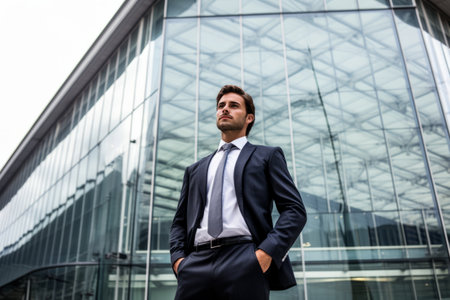 Confident Businessman Standing in Front of Office Buildingの素材