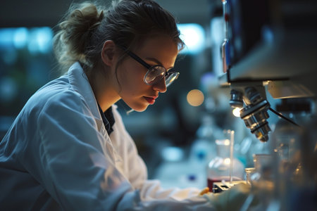 Female scientist examines samples under a microscope during a research session at a science laboratoryの素材