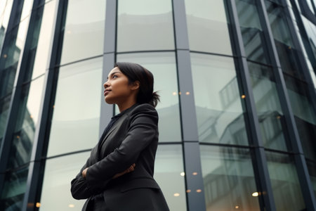 Confident Businesswoman Looking Forward Outside Office Buildingの素材