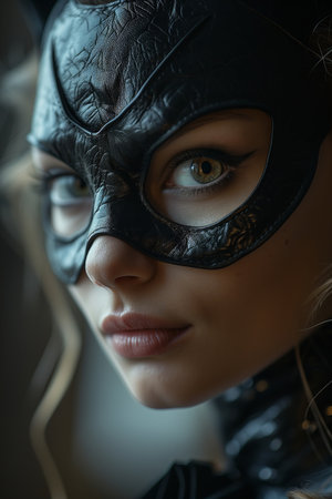 Mysterious Woman in Black Mask Looking Thoughtfulの素材