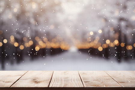 Empty Wooden Table with Snowy Winter Backdrop and Bokeh Lights on the backgroundの素材