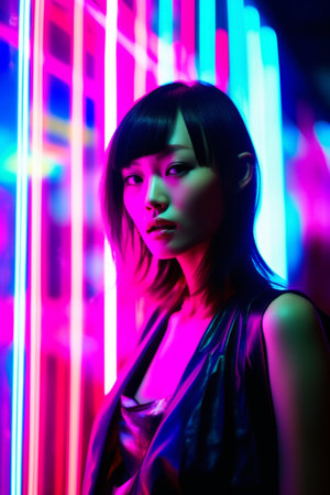 Young woman posing with vibrant neon lightingの素材