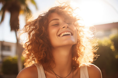 Joyful Young Woman Enjoying Sunshine Outdoorsの素材