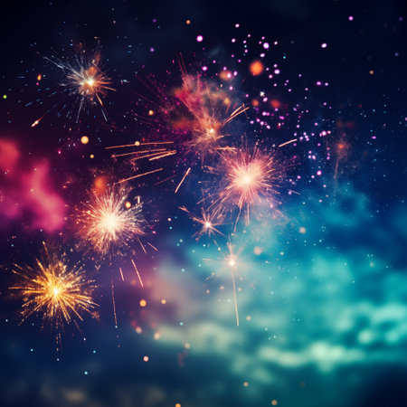 Vibrant fireworks exploding against a dark night skyの素材