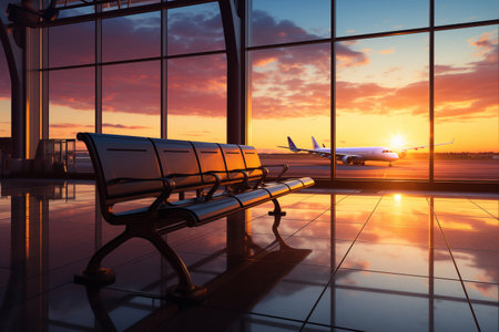 Empty airport seats facing a scenic sunrise with parked airplaneの素材
