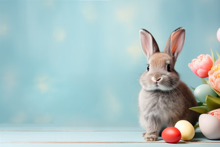 Adorable rabbit with colorful Easter eggs and fresh flowers on blue background with copy spaceの素材