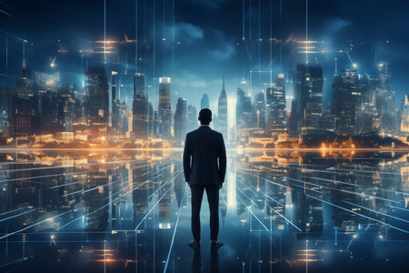 Businessman Contemplating Future in Digital Cityscape at Nightの素材