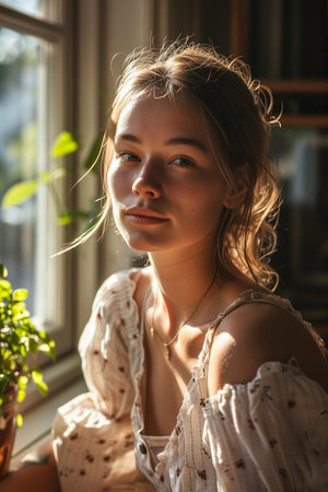 Young Woman Enjoying the Warm Sunlight by the Window in a Cozy Roomの素材
