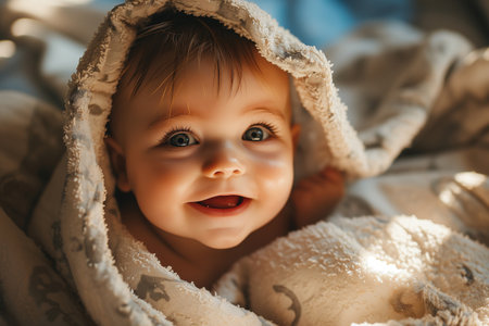 Adorable Baby Smiling Under Cozy Blanketの素材