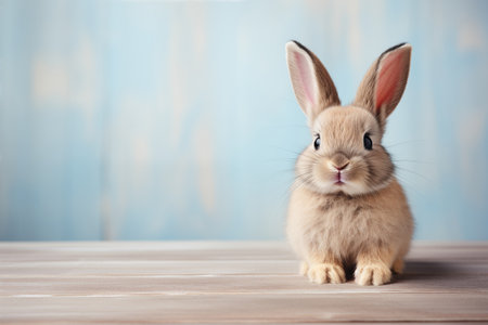 Cute Fluffy Brown Rabbit Sitting on Wooden Table. Easter background with copy spaceの素材