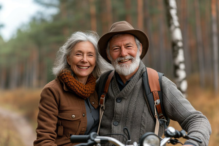 Senior Couple Enjoying a Motorcycle Trip in Natureの素材