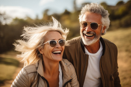 Portrait of happy senior couple in sunglasses smiling while walking in countrysideの素材