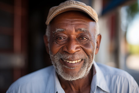 Portrait of senior African American man smiling at camera in the streetの素材