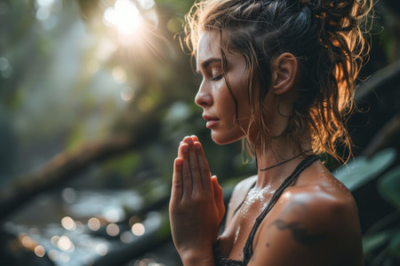 Close-up portrait of beautiful young woman with closed eyes meditating in natureの素材