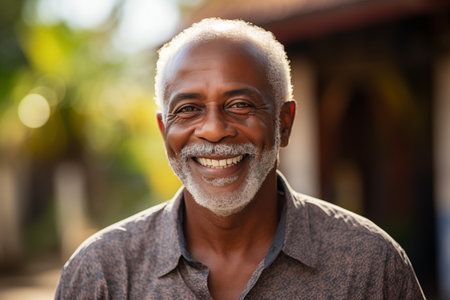 Portrait of a smiling senior man standing in front of his houseの素材