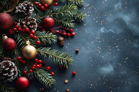 Christmas background with fir tree branches, red berries and pine cones on black backgroundの素材