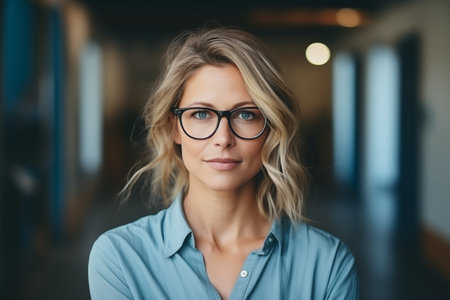 Portrait of young businesswoman in eyeglasses looking at camera in officeの素材