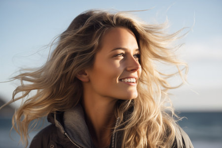 Portrait of a beautiful young woman with blonde hair blowing in the windの素材