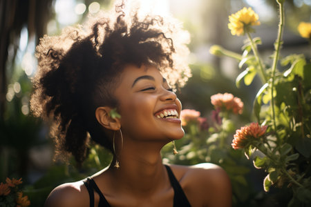 Beautiful young african american woman smiling outdoorsの素材