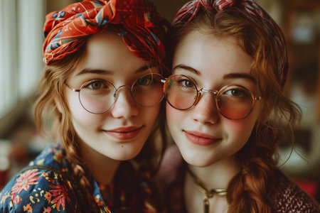 Two young Women With Colorful Headbands and Retro Glasses Indoors During the Dayの素材