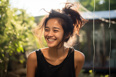 Beautiful young Asian woman smiling outdoorsの素材