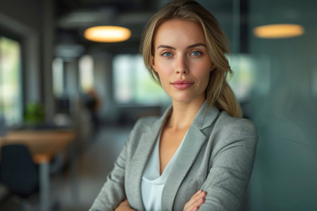 Portrait of a beautiful businesswoman standing with arms crossed in officeの素材