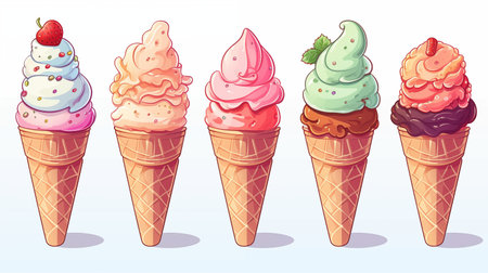 Set of ice cream cones with different flavors. Cartoon illustrationの素材