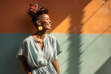Radiant Young Woman in blue Dress Enjoying Sunlight Against a Textured Wallの素材