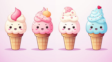 Cute cartoon ice cream. Illustration of a set of ice cream.の素材