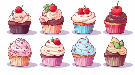 Cupcakes set. Illustration of cupcakes with cream and berries.の素材